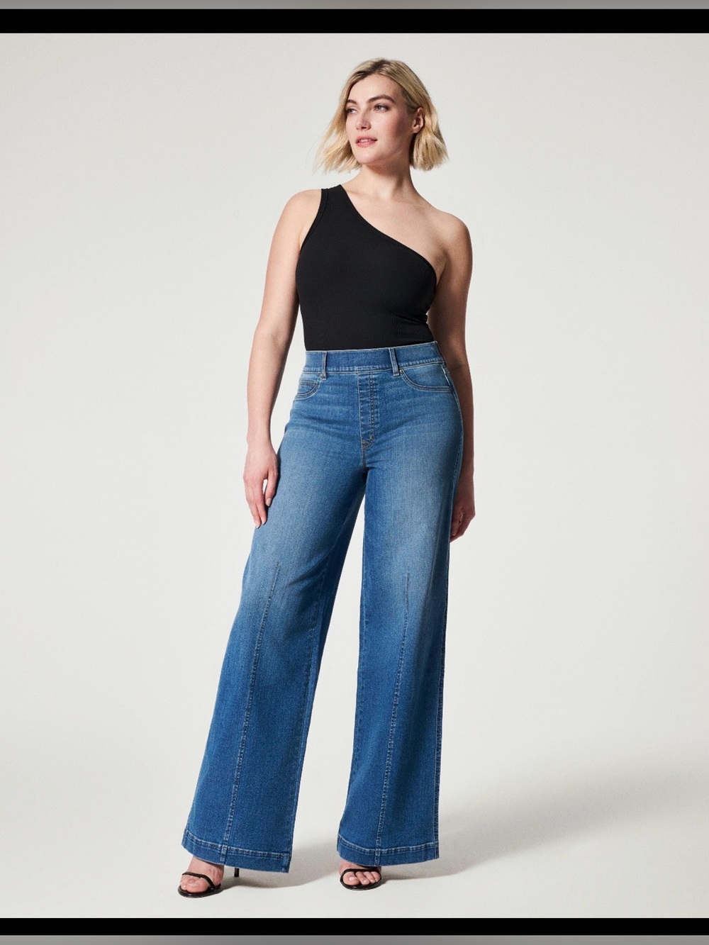 SPANX Women S Seamed Front Wide Leg Jeans Vintage Indigo High Rise Pull On